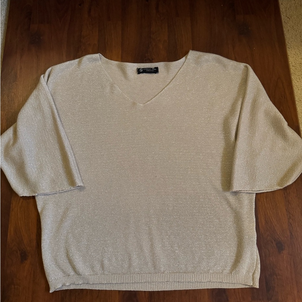 Alchemia Tricot Gold Shimmering Dolman Sleeve V-Neck Sweater Made in Italy SzS/M